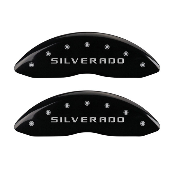 MGP Front set 2 Caliper Covers Engraved Front Silverado Black finish silver ch - 14207FSILBK