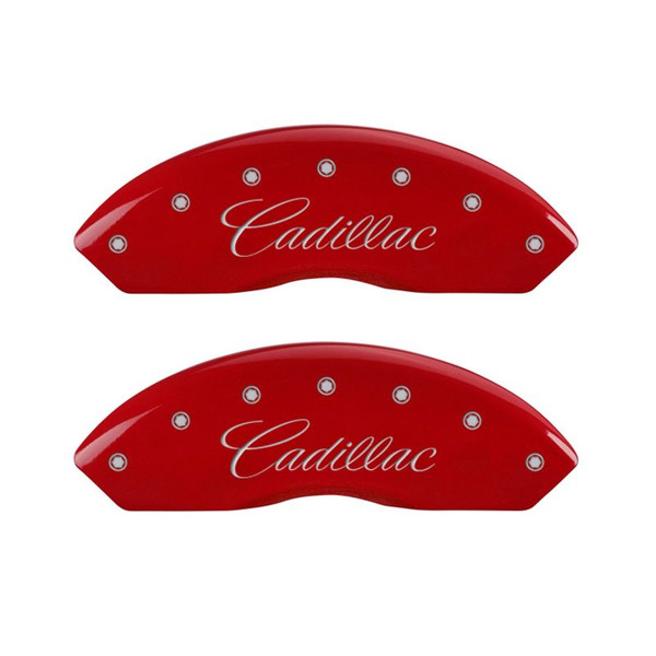 MGP 4 Caliper Covers Engraved Front Cursive/Cadillac Engraved Rear CTS Red finish silver ch - 35010SCTSRD