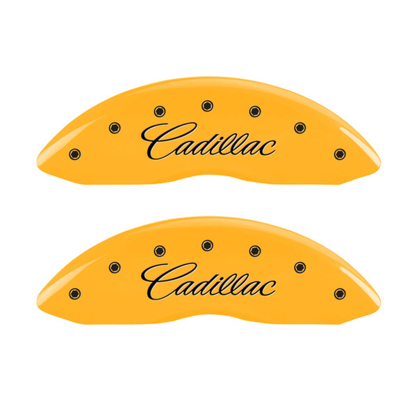 MGP 4 Caliper Covers Engraved Front Cursive/Cadillac Engraved Rear CTS Yellow finish black ch - 35013SCTSYL