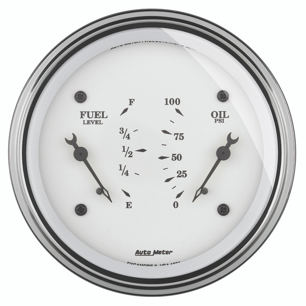 AutoMeter Gauge Dual Fuel & Oilp 3-3/8in. 0 Ohm(e) to 90 Ohm(f)& 100PSI Elec Old Tyme White - 1624
