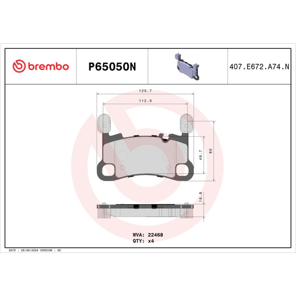 Brembo 20-21 Porsche 911/Panamera/Cayman/718 Cayman/718 Spyder Rear NAO Brake Pad - P65038N
