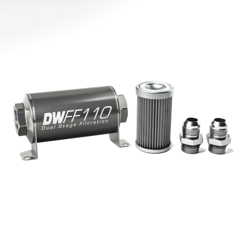 DeatschWerks Stainless Steel 10AN 40 Micron Universal Inline Fuel Filter Housing Kit (110mm) - 8-03-110-040K-10