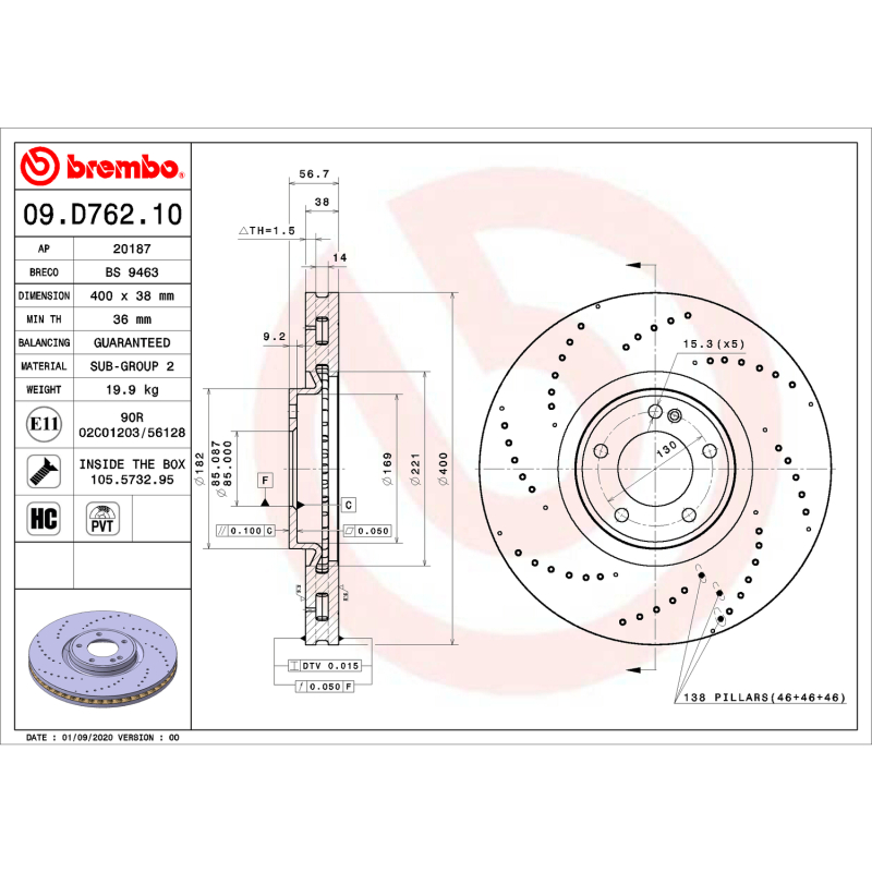 Brembo OE 19-22 Mercedes-Benz G63 AMG Friction Brake Disc - 09.D762.10