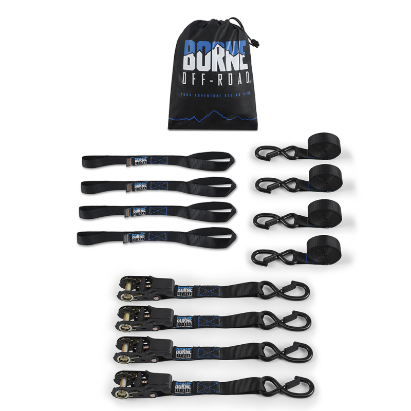 Borne Off-Road Medium-Duty Ratchet Tie-Down Kit (4-Pack) Black - BNRTC-TDMD-4BK