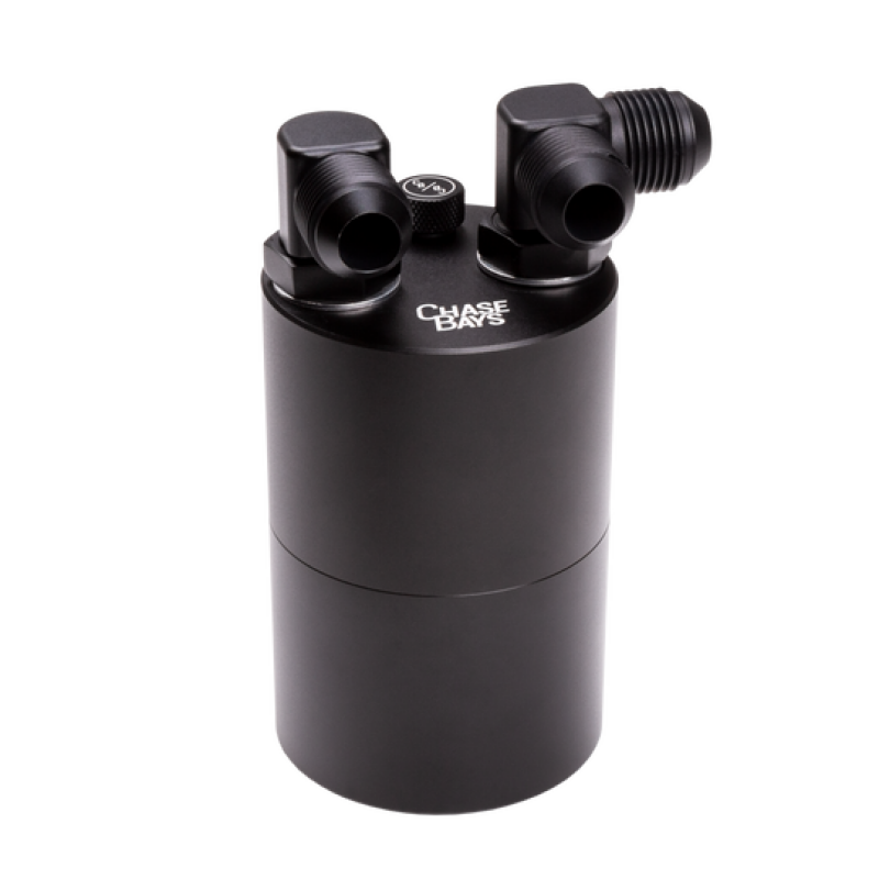 Chase Bays -10AN 90 Deg L-Fitting Inlet -10AN Straight Outlet Oil Catch Can w/Type 2 Bracket - CB-OILCATCH-10AN90L-10AN-002