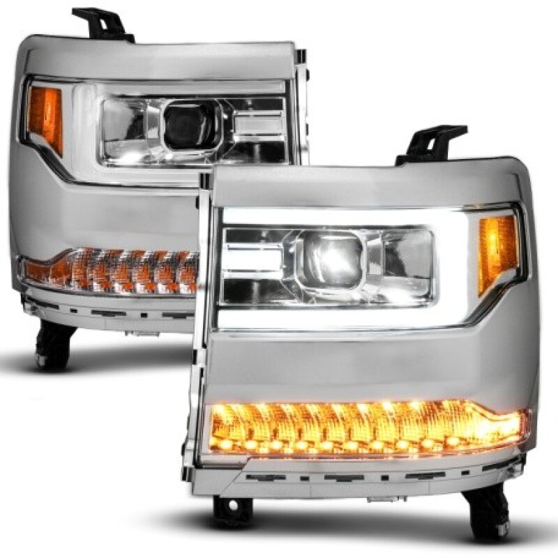 ANZO 16-18 Chevy Silverado1500 (Factory HID Models) LED Prj Light Bar Style Headlights Chrome - Pair - 111625A