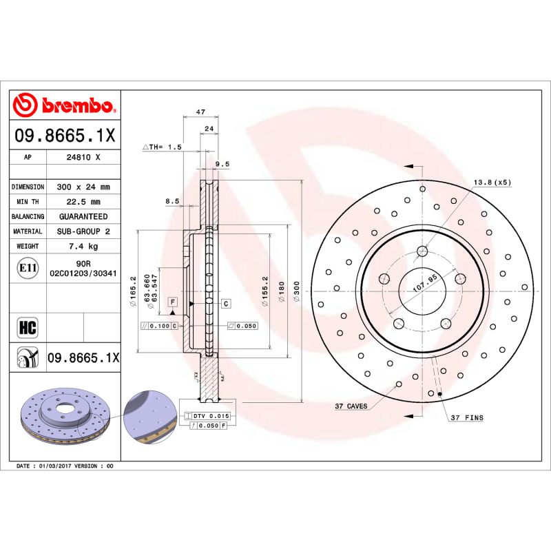 Brembo OE 02-08 Jaguar X-Type Drilled Xtra Brake Disc - Front - 09.8665.1X