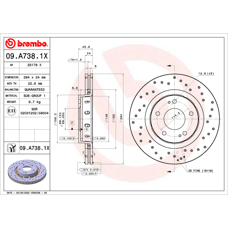 Brembo OE 09-15 Mitsubishi Lancer/04-06 Outlander Drilled Xtra Brake Disc - Front - 09.A738.1X