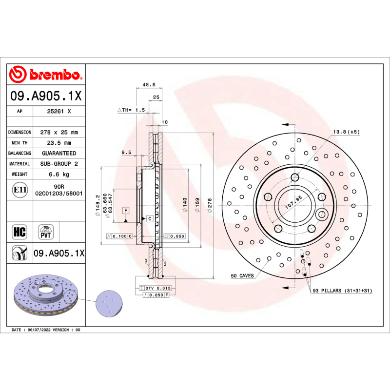 Brembo OE 13-18 Ford C-Max/12-18 Focus/12-13 Volvo C30/C70 Drilled Xtra Brake Disc - Front - 09.A905.1X