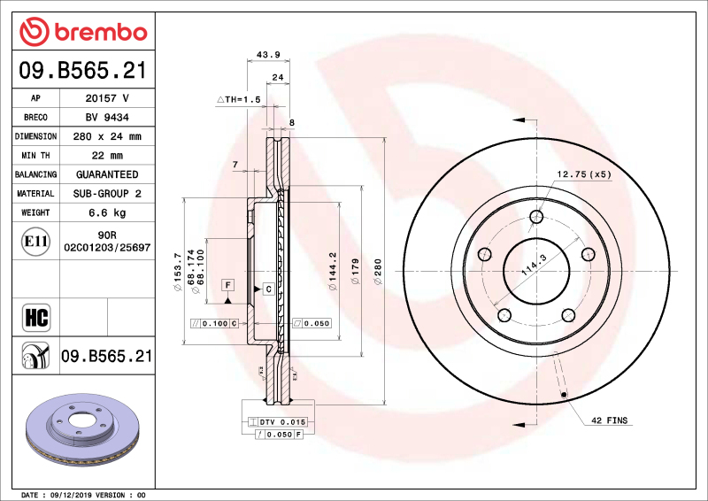 Brembo OE 13-19 Nissan Sentra UV Coated Brake Disc - Front - 09.B565.21