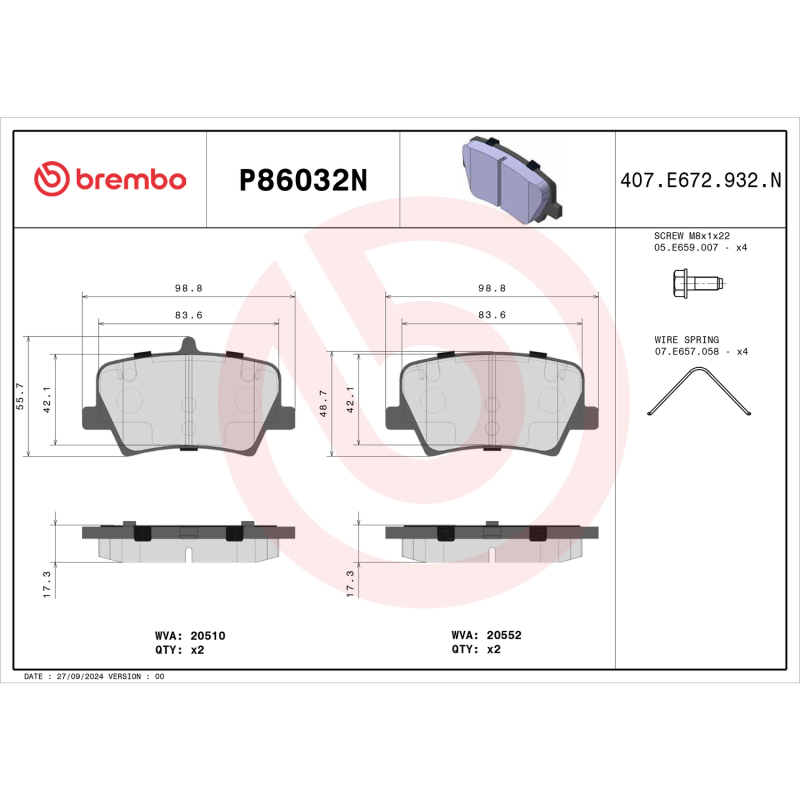 Brembo OE 19-24 Volvo XC40 PRIME Ceramic Brake Pad - Rear - P86032N