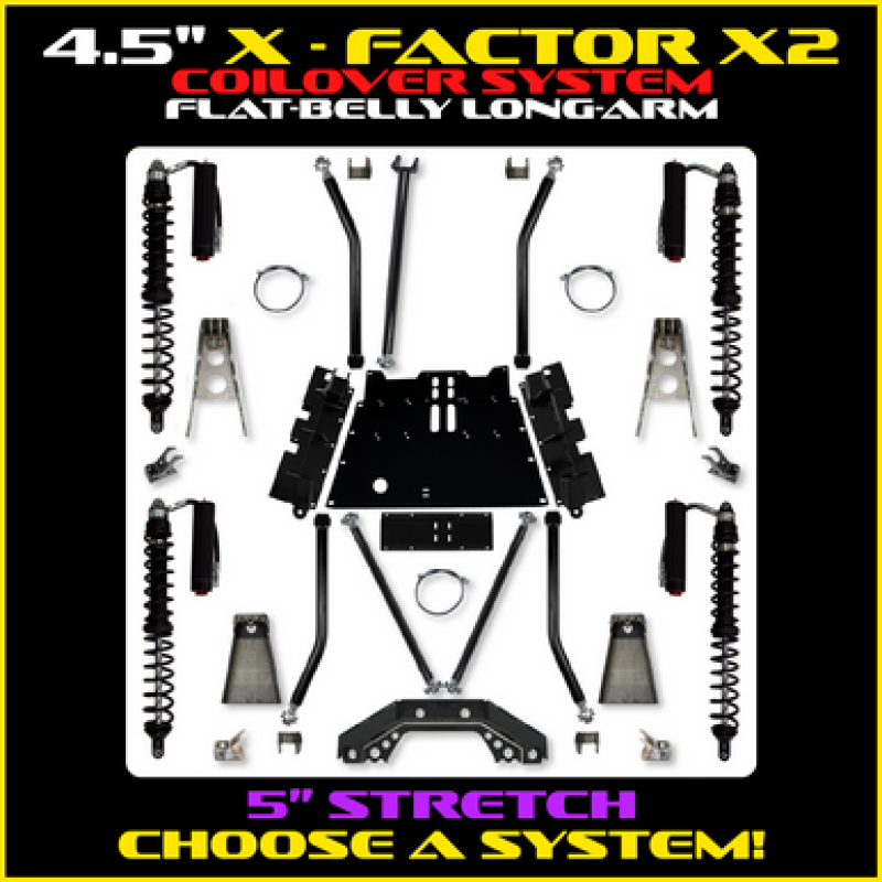 Rock Krawler 97-06 Wrangler TJ 4.5in X Factor X2 Flat Belly CoilOver Long Arm System w/ 5 In Stretch - TJ45X2COMP-5S