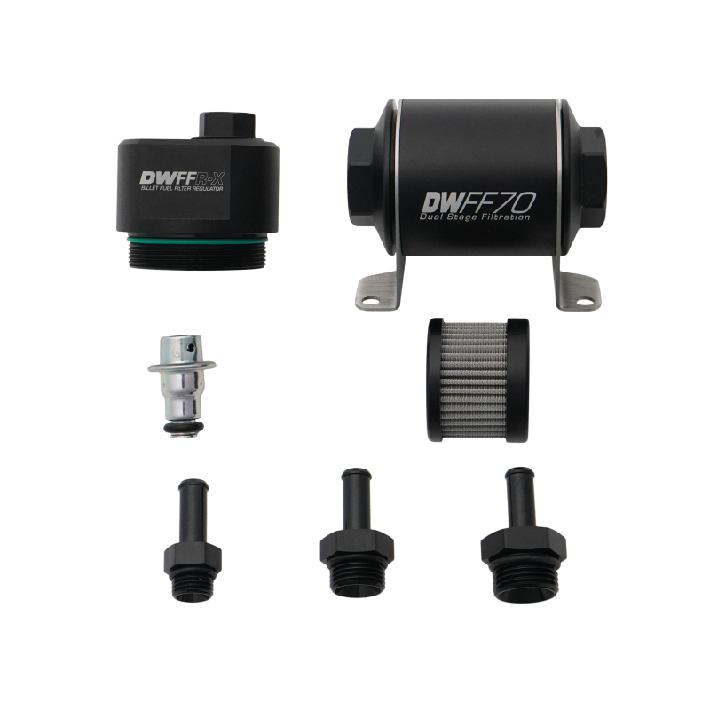 DeatschWerks DWFFR-X 70mm Billet Fuel Filter Regulator - 10 Micron with 3/8in Fittings - 8-FFR-070-010K-38