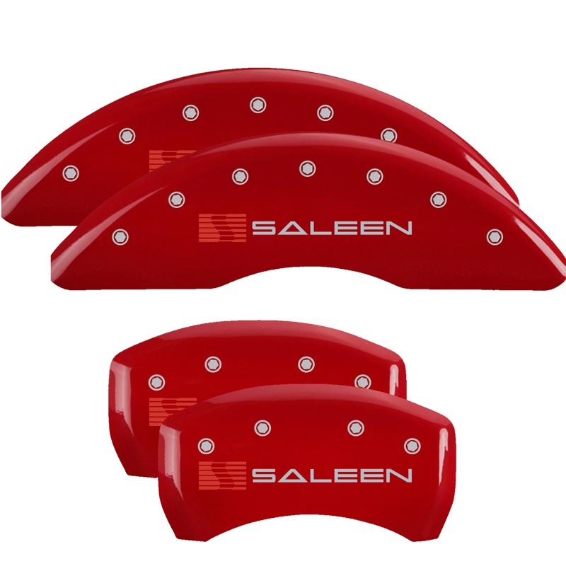 MGP 4 Caliper Covers Engraved Front & Rear 15-23 Ford Mustang Yellow Finish Black Saleen Logo - 10201SSLNYL