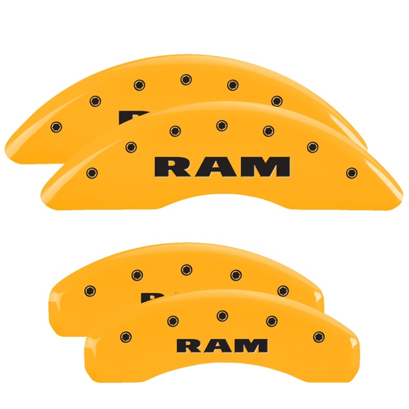 MGP 4 Caliper Covers Engraved Front & Rear 2019 Ram 1500 Yellow Finish Black RAM Logo - 55006SRAMYL