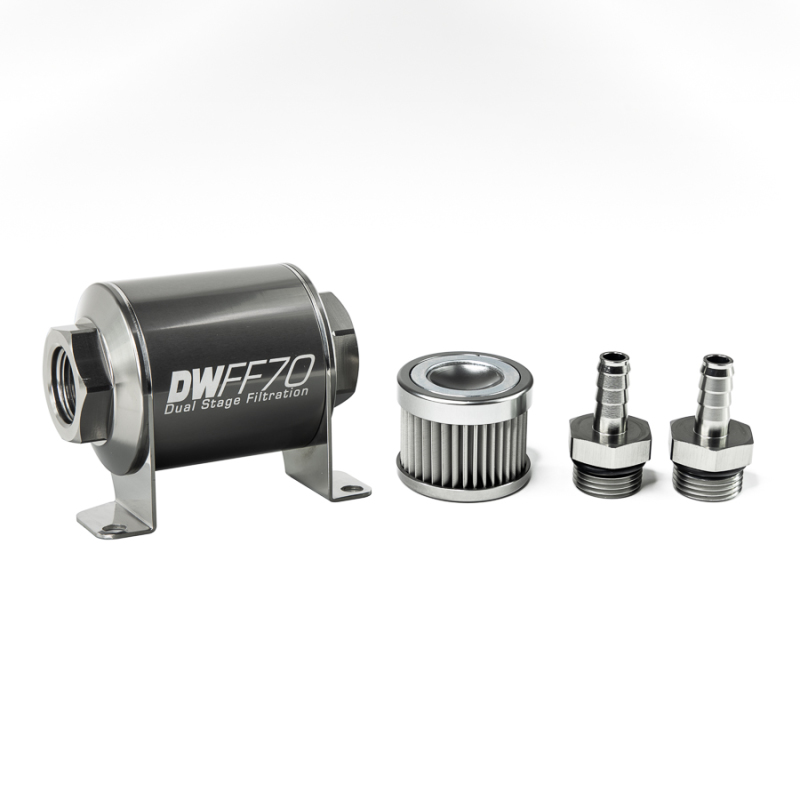 DeatschWerks Stainless Steel 3/8in 10 Micron Universal Inline Fuel Filter Housing Kit (70mm) - 8-03-070-010K-38