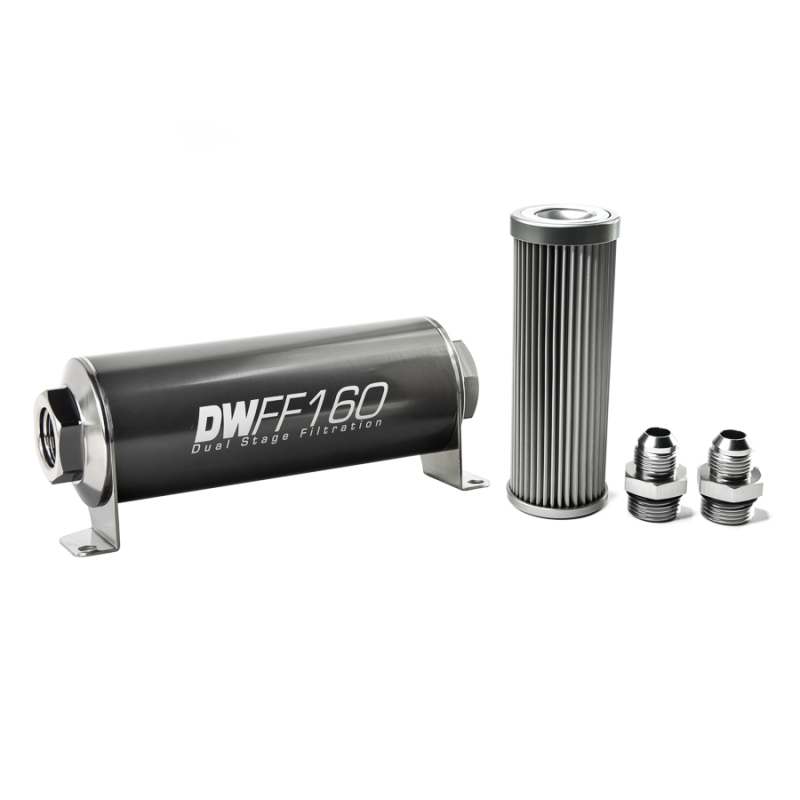 DeatschWerks Stainless Steel 8AN 10 Micron Universal Inline Fuel Filter Housing Kit (160mm) - 8-03-160-010K-8