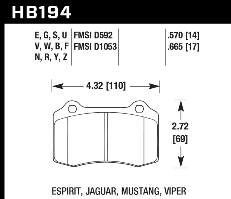 Hawk 96 & 00-02 Dodge Viper GTS/00-02 Viper RT 10 / 00 Ford Mustang SVT Cobra Race DTC-70 Brake Pads - HB194U.665