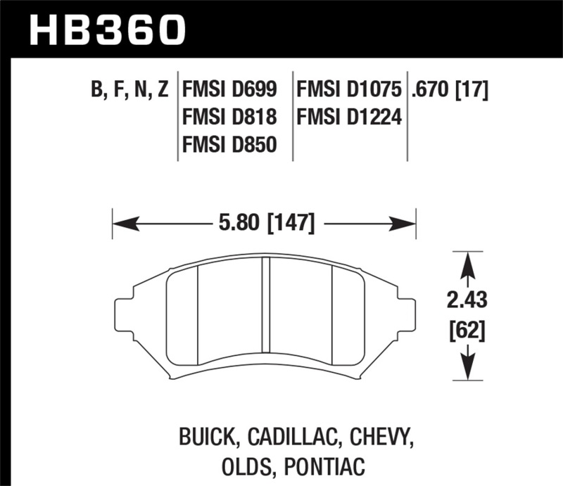 Hawk 97-08 Pontiac Grand Prix / 00-05 Chevrolet Monte Carlo LS/SS HPS 5.0 Street Front Brake Pads - HB360B.670