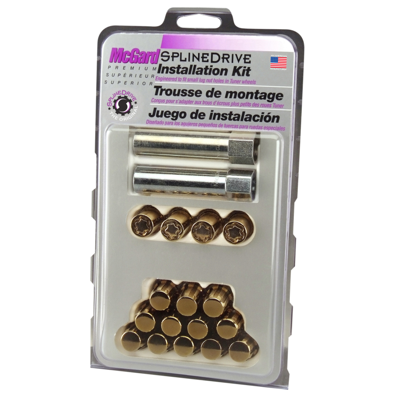 McGard SplineDrive Tuner 4 Lug Install Kit w/Locks & Tool (Cone) M12x1.5 / 13/16 Hex - Gold (CS) - 65457GDC