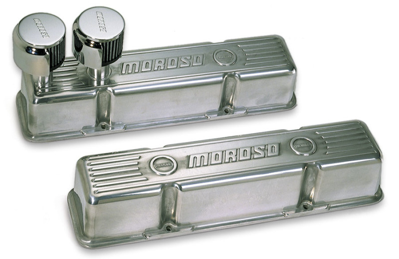 Moroso Chevrolet Small Block Valve Cover - 1 Cover w/2 Breathers at Front - Polished Aluminum - Pair - 68365