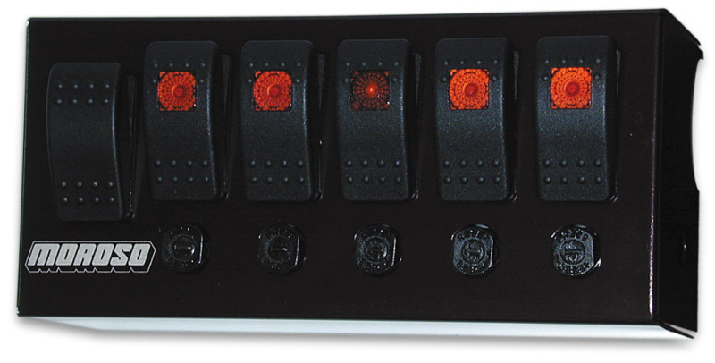 Moroso Rocker Switch Panel - Cage Mount - LED - 3.75in x 8in - Five On/Off Switches - 74190