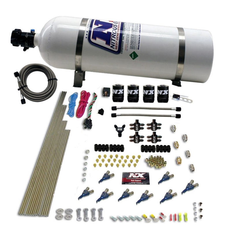 Nitrous Express 8 Cyl Piranha Direct Port 4 Solenoids Nitrous Kit (200-500HP) w/15lb Bottle - 80001-15