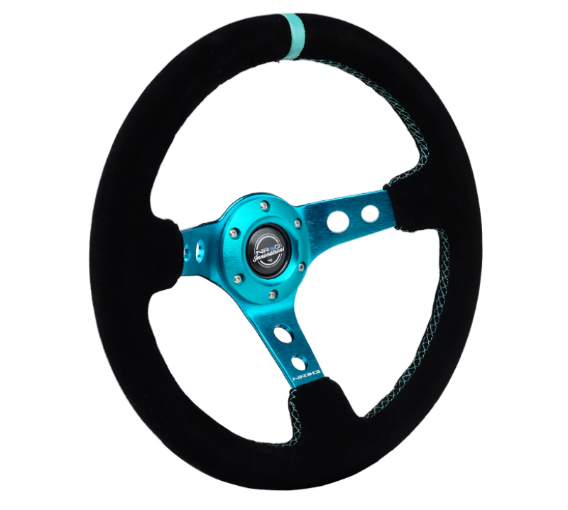 NRG Reinforced Steering Wheel (350mm/ 3in. Deep) Black Suede/ Teal Center Mark/ Teal Stitching - RST-006S-TL