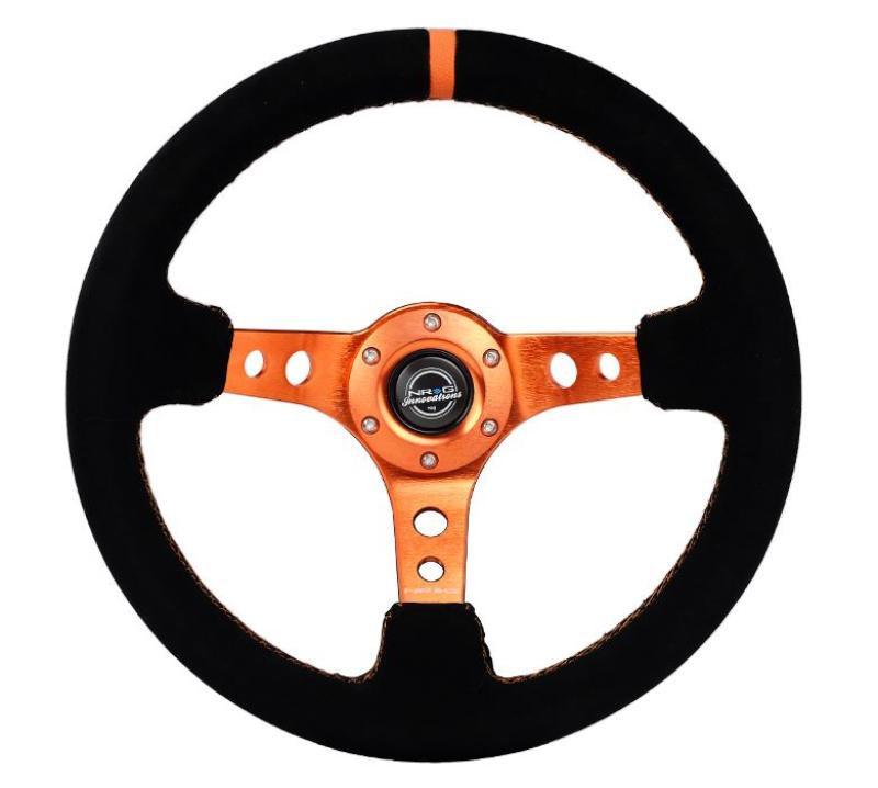 NRG Reinforced Steering Wheel (350mm/ 3in. Deep) Black Suede/ Orange Center Mark/ Orange Stitching - RST-006S-OR