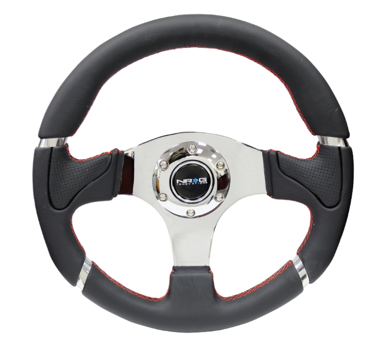 NRG Reinforced Steering Wheel (320mm) Blk Leather/Red Stitching w/Chrome 3-Spoke Center - RST-008R