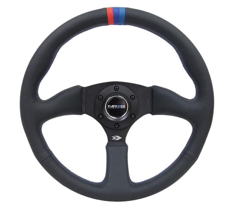 NRG Reinforced Steering Wheel (350mm / 2.5in Deep) Blk Leather w/M3 stitch Matte Blk 3-Spoke Center - RST-023MB-R-M3