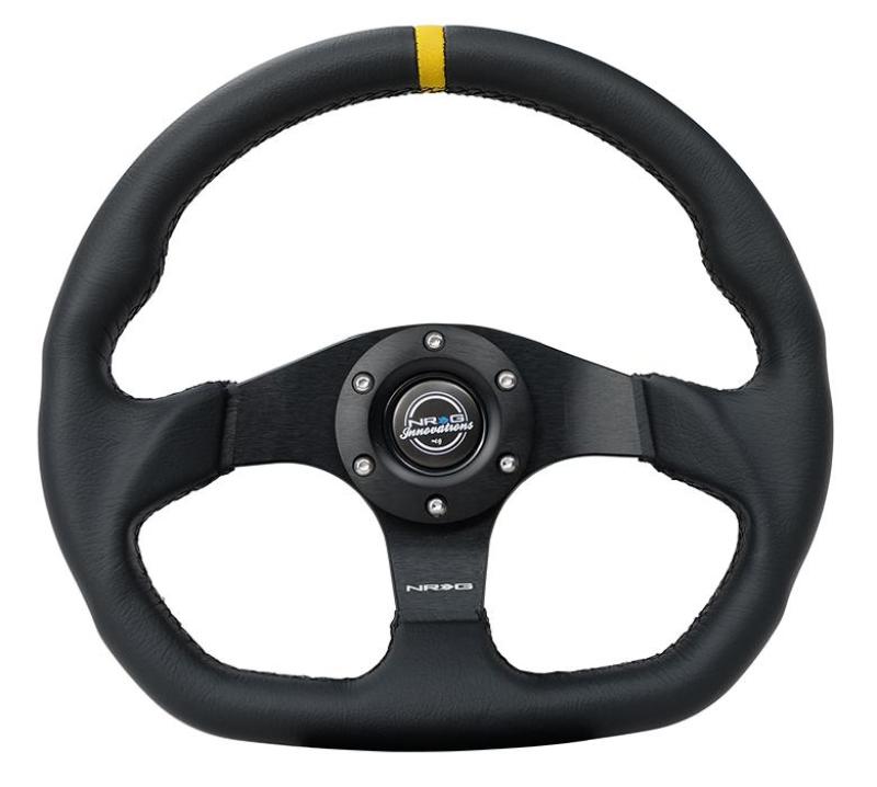 NRG Reinforced Steering Wheel (320mm) Sport Leather Flat Bottom w/ Yellow Center Mark - RST-024MB-R-Y