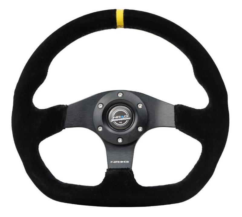 NRG Reinforced Steering Wheel (320mm) Sport Suede Dual Push Buttons Flat Bottom w/ Yellow Center - RST-024D-MB-S-Y