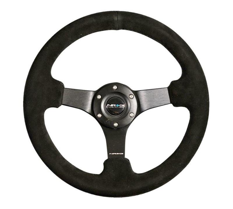 NRG Reinforced Steering Wheel (330mm / 3in Deep) Blk Suede w/Criss Cross Stitch w/Blk 3-Spoke Center - RST-033BK-S
