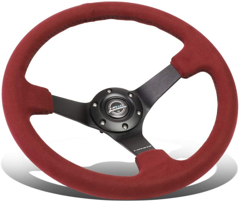 NRG Reinforced Steering Wheel (350mm/ 3in. Deep) Black Spoke/ Burgundy Alcantara w/ Black Stitch - RST-036MB-BUA