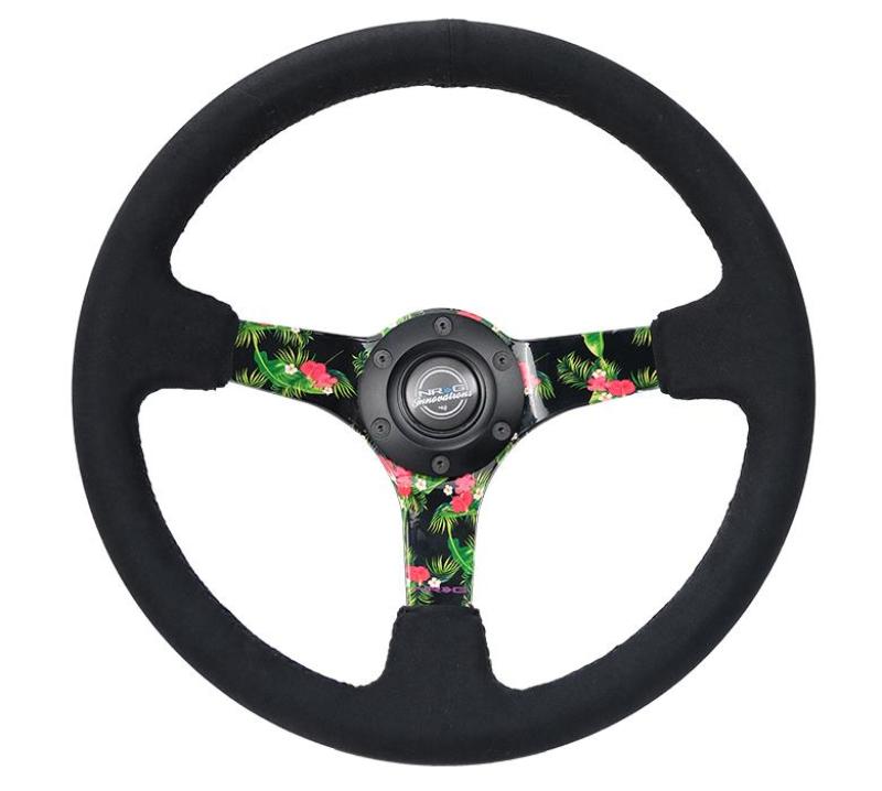NRG Reinforced Steering Wheel (350mm / 3in. Deep) Black Suede w/ 5mm Floral 3-Spoke Center - RST-036TROP-S