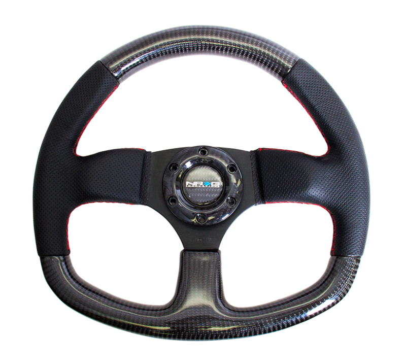NRG Carbon Fiber Steering Wheel (320mm) Flat Bottom & Leather Trim w/Red Stitching - ST-009CFRS