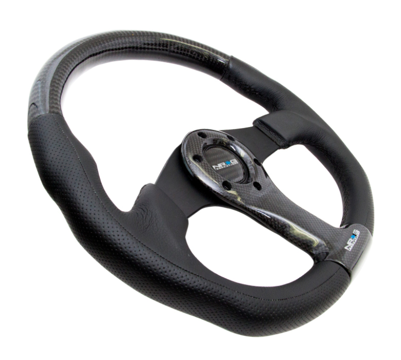 NRG Carbon Fiber Steering Wheel (350mm) Oval Shape Black w/Leather Trim - ST-013CFBK