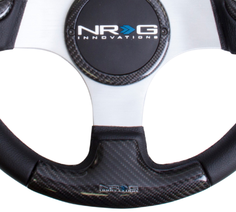 NRG Carbon Fiber Steering Wheel (350mm) Silver Frame Blk Stitching w/Rubber Cover Horn Button - ST-014CFSL