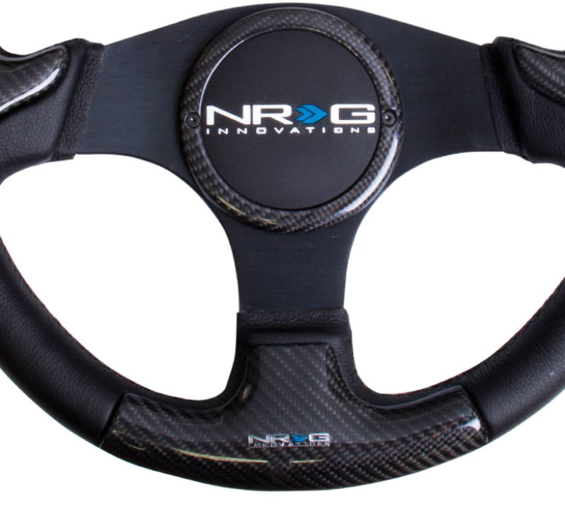 NRG Carbon Fiber Steering Wheel (350mm) Blk Frame Blk Stitching w/Rubber Cover Horn Button - ST-014CFBK