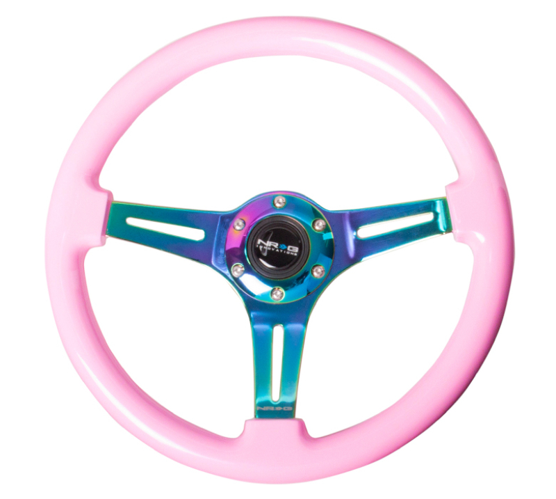 NRG Classic Wood Grain Steering Wheel (350mm) Solid Pink Painted Grip w/Neochrome 3-Spoke Center - ST-015MC-PK