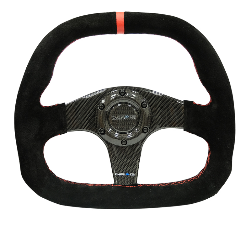 NRG Carbon Fiber Steering Wheel (320mm) Flat Btm. Blk Suede/Red Stitch w/CF Spokes & Red Center Mark - ST-019CF