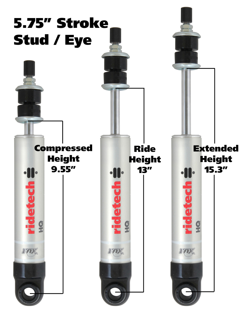 Ridetech HQ Series Shock Absorber Single Adjustable 5.75in Stroke Eye/Stud Mounting 9.55in x 15.3in - 22169845