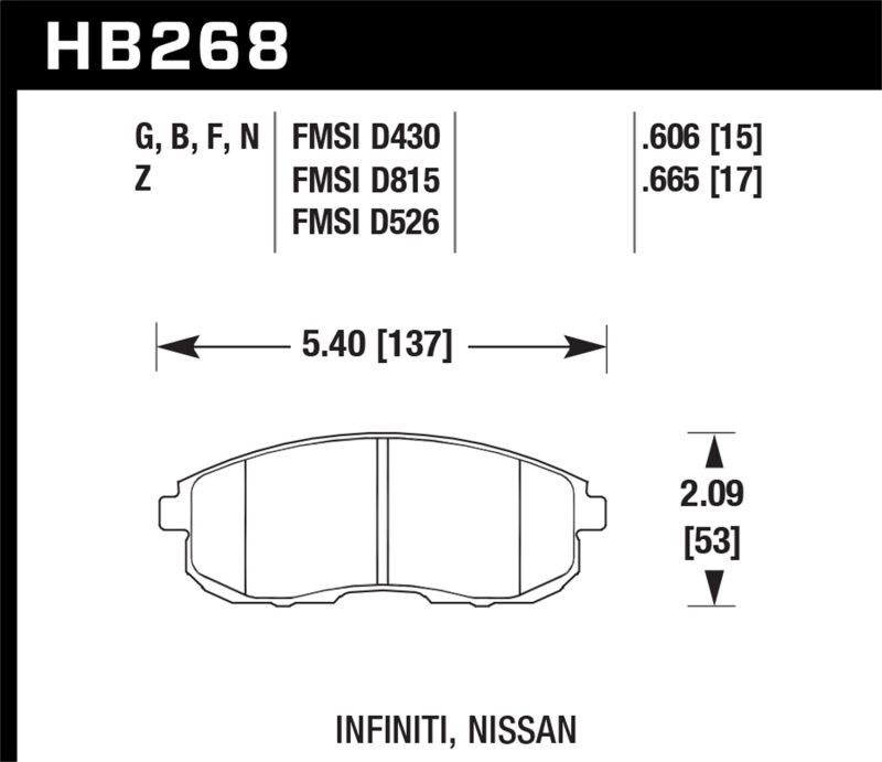 Hawk 03-04 G35/03-05 G35X/ 02-05 350z w/o Brembo HP+ Street Front Brake Pads - HB268N.665