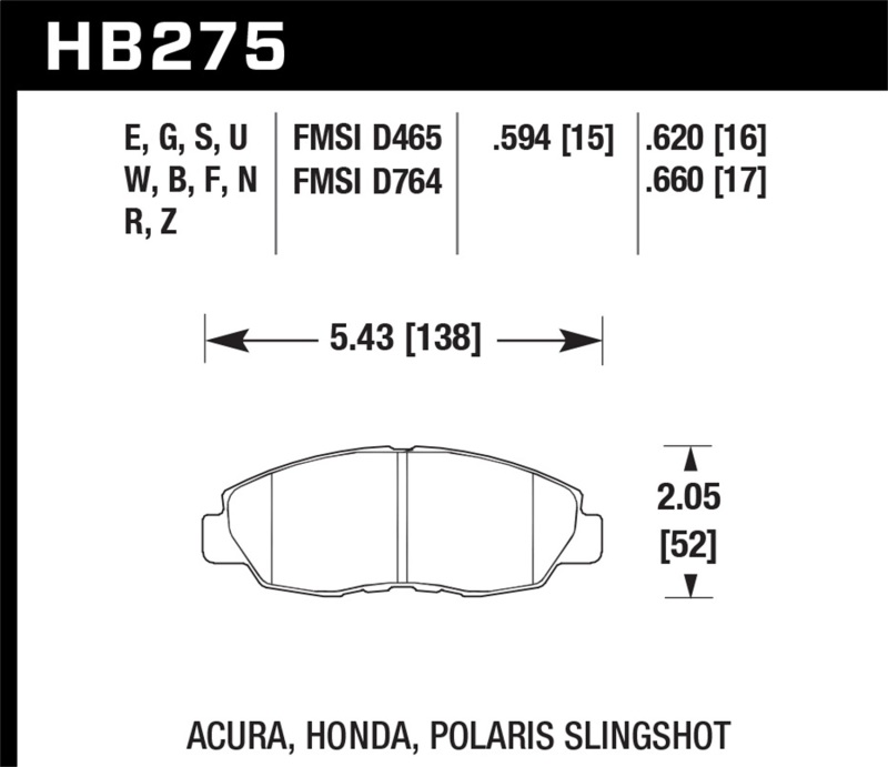 Hawk Honda 98-02 Accord / 06-11 Civic / Polaris Slingshot HT-10 Race Front Brake Pads (Two Pads/Box) - HB275S.594