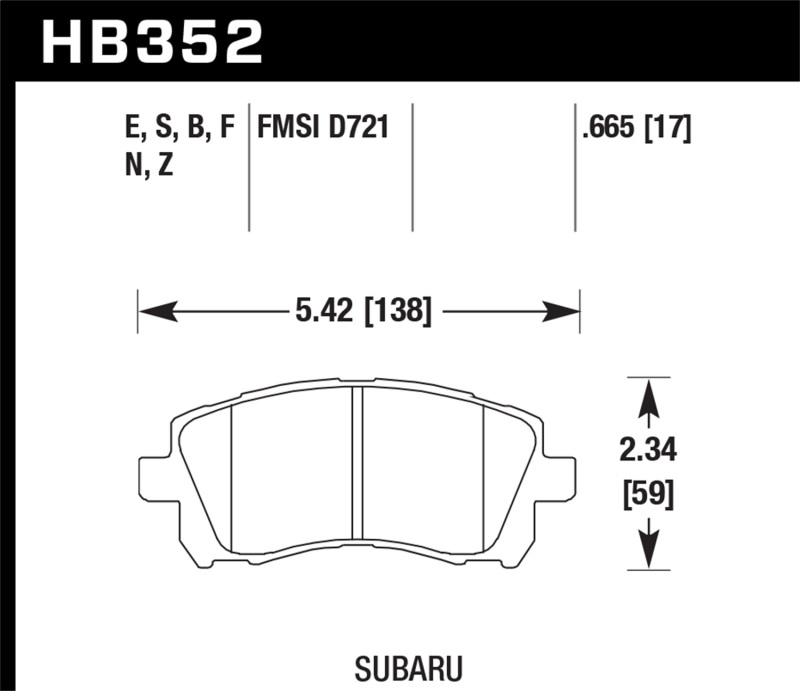 Hawk 1998-2/2002 Subaru Forester L (w/Rear Drum Brakes) High Perf. Street 5.0 Front Brake Pads - HB352B.665