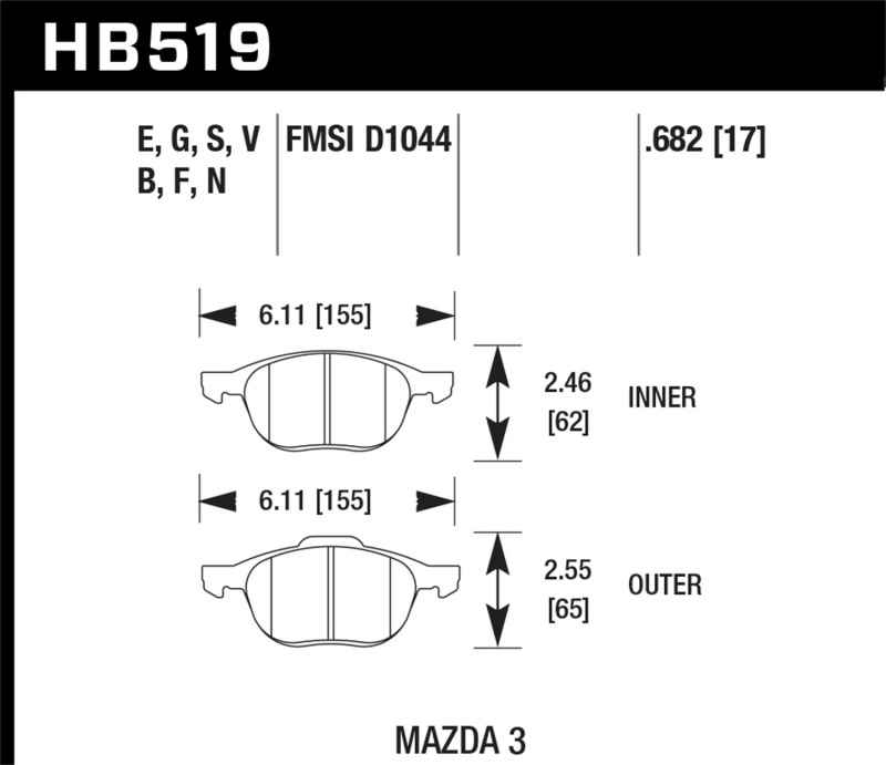 Hawk HP+ 08-09 Mazda 3 / Ford/ Volvo HP+ Street Front Brake Pads - HB519N.682