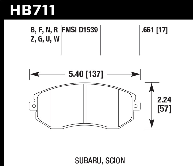 Hawk 13 Subaru BRZ/13 Legacy 2.5i / 13 Scion FR-S DTC-30 Front Street Brake Pads - HB711W.661