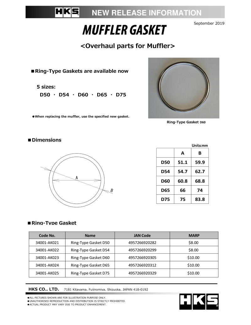 HKS Muffler Gasket 75mm ID 83.8mm OD - 34001-AK025