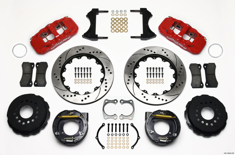 Wilwood AERO4 Rear P-Brake Kit 14.00in Drilled Red Big Ford New Style 2.36in Offset - 140-10944-DR